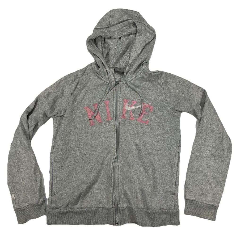 Nike Women’s Gray Full-Zip Hoodie Size Medium Pink Logo Sweatshirt Fleece Jacket